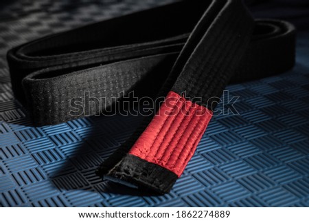 Close up on brazilian jiu jitsu bjj black belt on the tatami mats - martial arts grappling and training concept dark and high contrast filter Royalty-Free Stock Photo #1862274889