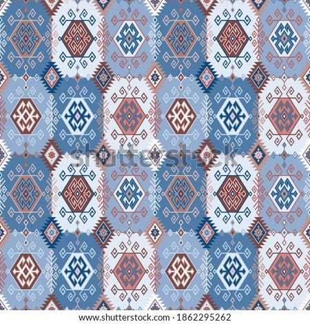 Kilim bohemian seamless pattern in vector format for printed fabrics or any other purposes. The pattern is tileable and easy to use. Royalty-Free Stock Photo #1862295262