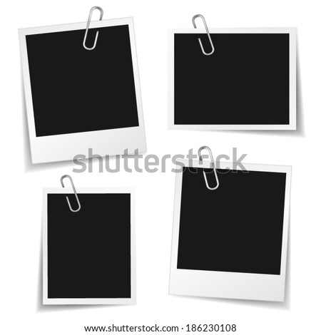 Collection of blank photo frames with paper clip and different shadow effect and empty space for your photograph and picture. EPS10 vector illustration isolated on white background.