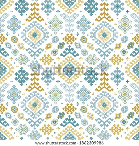 Kilim bohemian seamless pattern in vector format for printed fabrics or any other purposes. The pattern is tileable and easy to use. Royalty-Free Stock Photo #1862309986