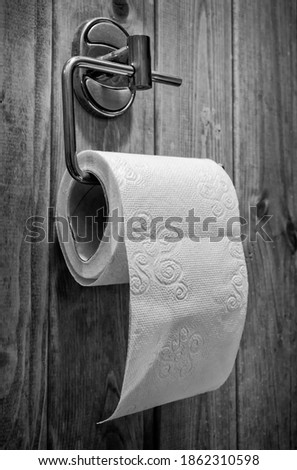 A roll of toilet paper in a holder on a black and white photo.