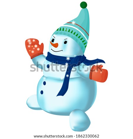 A snowman in a blue scarf catches snowflakes in a mitten.