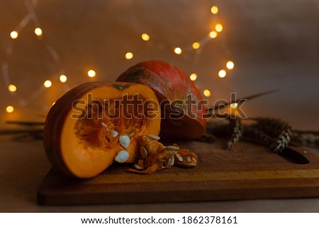 
Sliced ​​pumpkin on a wooden board, stalks of wheat lie nearby. Pumpkin close-up. Pumpkin seeds were pulled out of the pumpkin. The lights of the garlands. Autumn harvest concept. Selective focus.