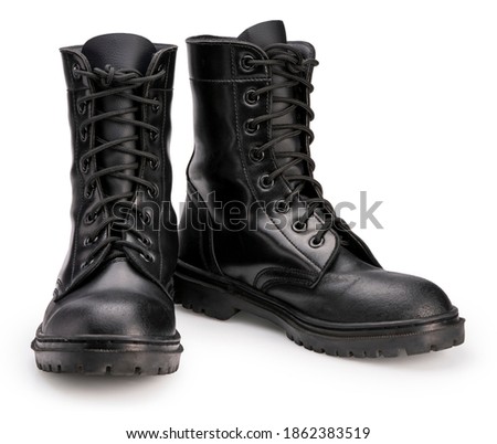 Black leather Combat Shoes isolated on white background With clipping path, Shiny polished black leather soldiers Combat Shoes