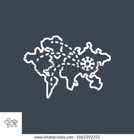 Pandemia related vector thin line icon. Worldwide spread of the virus. Isolated on black background. Editable stroke. Vector illustration.