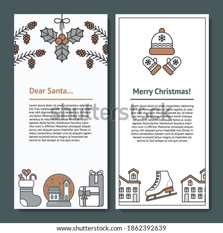 Letter Design Template for Santa, Christmas mail. Letterhead with Copy Space for Text and illustration of Mistletoe, Pine Cone, Snow Globe, Sock, Gifts, Hat, Mitten, House. For greetings, invitations