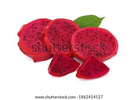Sliced of red flesh dragon fruit isolated on white background
