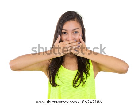 Closeup portrait, happy cute young beautiful woman looking shocked surprised in full disbelief, hands on mouth, isolated white background. Positive human emotion, facial expression, feeling, reaction