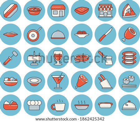 Thin line blue tinted icon set - teflon flat vector, cook hat, knives, meat hammer, turk, dish, plates, spaghetti, hot dog, pizza, salad, soup, ham, chop, fish rolls, wine, cocktail, store front