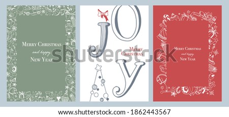 Set of Christmas greeting cards with doodle elements and cute Christmas characters and decorations