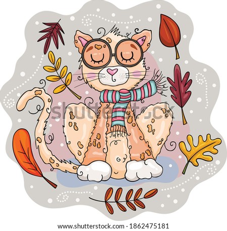 Illustration of cute cat in scarf with autumn leaves
