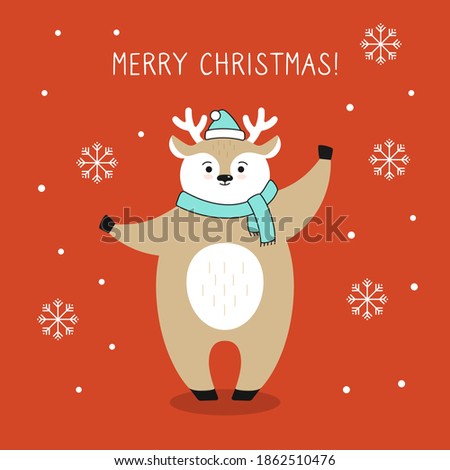 Greeting Christmas card, deer with new year snow, snowflake. Reindeer in Santa Claus hat. Hand drawn funny cartoon christmas character. Happy New year, merry Christmas. Animal vector