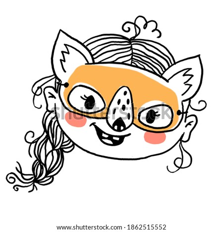 Hand-Drawn Lineart Clipart. The face of girl in funny fox mask. Carnival outfits. Isolated on white. Childrens illustrations for design fabric , parties, clothes, cards.