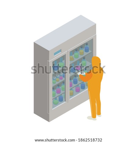 Pharmaceutical production with scientist character with medical laboratory equipment vector illustration