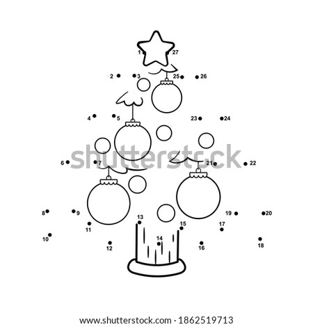 Winter Dot to Dot Christmas tree for kids. Black and white illustration isolated on white background.