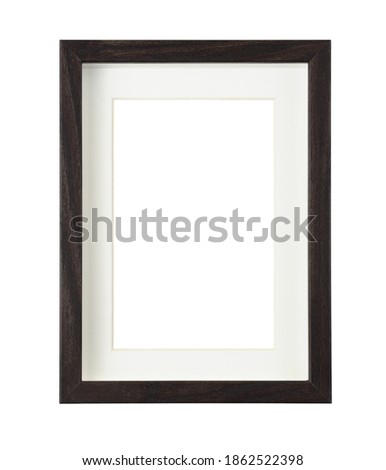 Dark brown wooden rectangle frame with white passe-partout isolated on white background. Mock-up. 