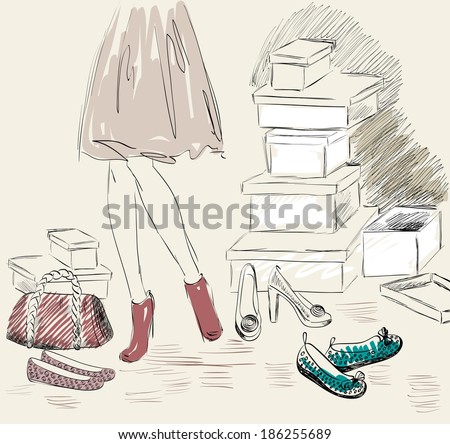 Young woman shopping for fashion shoes. Hand draw illustration.