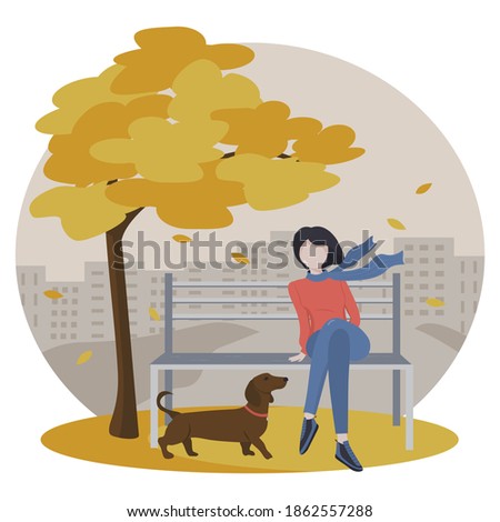 Vector drawing of a young girl with a dog sitting on a bench in an autumn park. Bright and beautiful illustration in a flat style.
