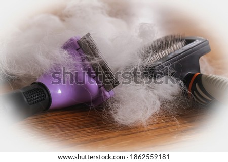 The picture shows white cat hair from a Persian cat. Additionally we see animal combs. The picture deliberately blurred.The picture is intentionally a bit overexposed