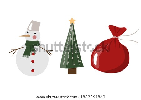 
Christmas set with snowmen, fir tree and bag of gifts. prints for the design of cards, posters, t-shirts.