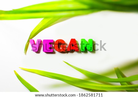 Wooden colorful text word Vegan with green fresh plant leaves at white background, vegetarian, healthy diet food concept, top view