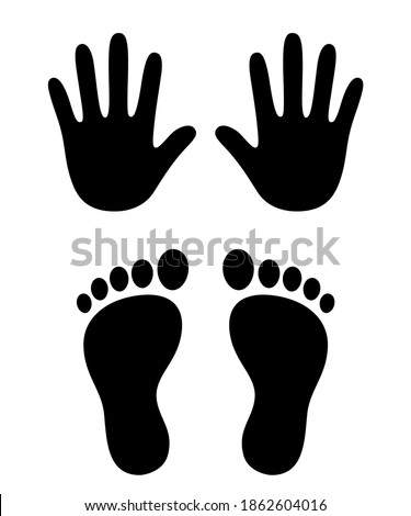 Human hand and foot prints, stylized handprint and footprint trace. Black and white icon, vector illustration. Royalty-Free Stock Photo #1862604016