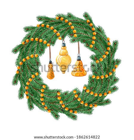 Christmas fir wreath, with yellow New Year decorations. Design for postcard, calendar, print. Hand drawn watercolor painting on white background