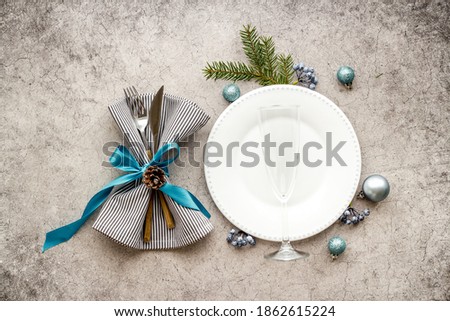 Christmas or New year table setting. Top view, flat lay