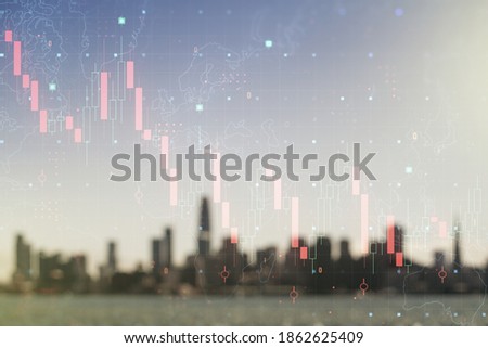 Abstract virtual crisis chart illustration on blurry skyline background. Global crisis and bankruptcy concept. Multiexposure