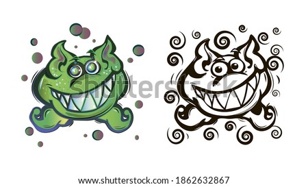 Smiling green monster funny baby character illustration. Cartoon vector Design for print, t-shirt, coloring book, logo, sticker