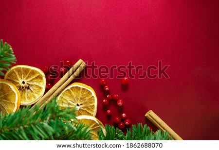 christmas red background presented by dry oranges, cranberries, fir branches and cinnamon