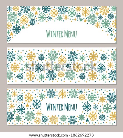 Cute set of Scandinavian Winter horizontal banners background with hand drawn snowflakes for your decoration