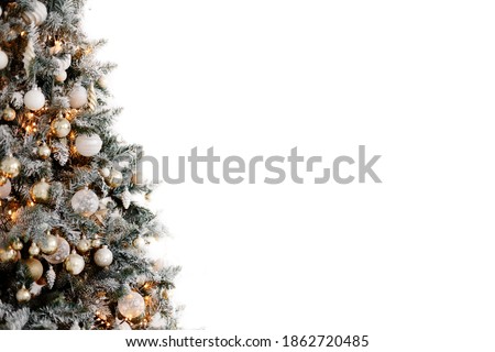 Christmas background with tree, spruce, balls and decorations isolated on white background, copy space