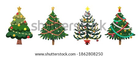 A various set of cute Christmas tree with lovely decoration ts flat vector illustration. Merry Christmas and Happy New Year