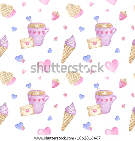 Valentines day background. Watercolor Seamless pattern on white background, hand drawn illustration with cappuccino, pink heart, ice cream, waffles, love letter,
strawberry.
