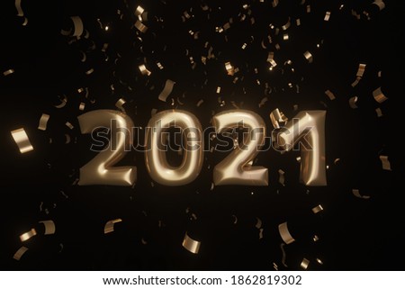 3D golden balloons 2021 illustration, black background with confetti, New Year's Eve party concept