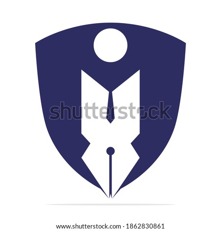 Creative Shield pen with human sign logo design template. Protective Human character and Pen logo.