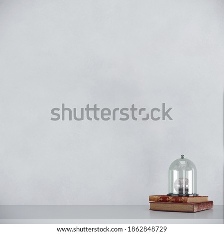Minimal home decoration. Books and glass dome cover on white table, shelf with white wall background