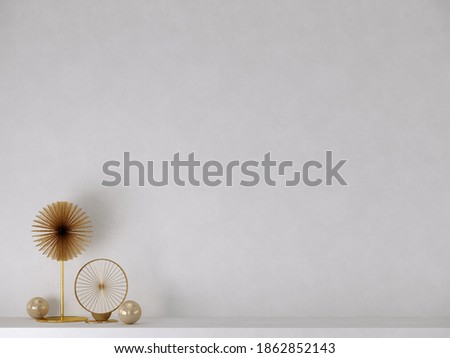 Interior design with wooden table, shelf, golden decorative accessories on white background