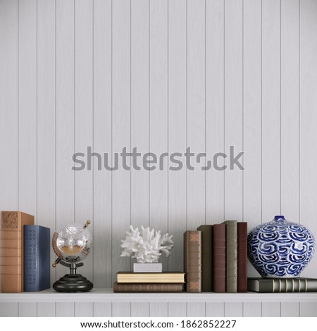 Interior design with wooden table, shelf, books, decorative accessories on white background