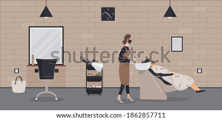 Interior of beauty salon in loft style.Barber in protective medical mask during epidemic of virus wash head of client in cozy barbershop with brick wall,hair dryers.Workplace of hairdresser.Vector Royalty-Free Stock Photo #1862857711