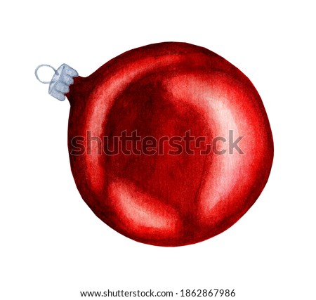 Red Christmas ball for decorating the Christmas tree. Watercolor illustration of a red glass ball. Isolated on white background. Drawn by hand.