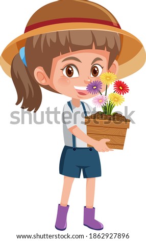 Girl holding flower in pot cartoon character isolated on white background illustration