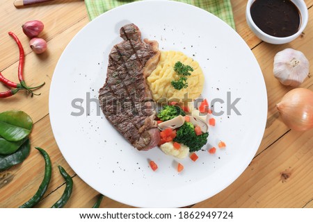 Grilled Sliced Beef Steak Sirloin Meat with Mashed Potato Background Stock Photo Top View HD Image Closeup