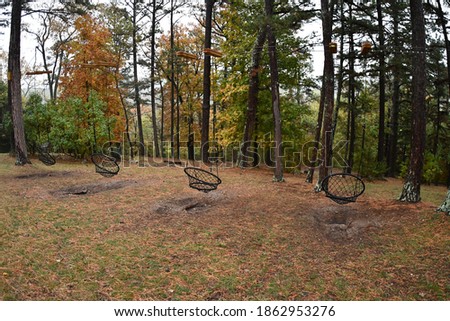 Swings in a park. There are several trees. The leaves are changing colors for fall. Picture taken in Eureka Springs, Arkansas.