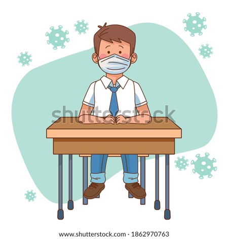 covid preventive at school scene with student boy seated in desk vector illustration design