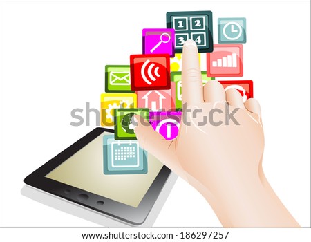 hand use touchscreen tablet pc with colorful application icons, isolated on white background