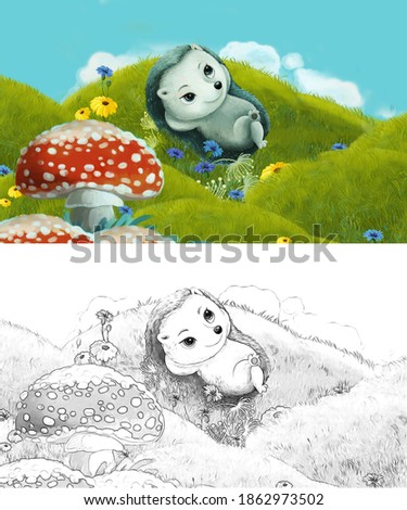 cartoon scene with sketch with forest animal on the meadow having fun - illustration for children