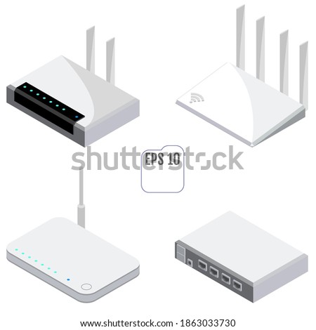 Router isometric icons set. Vector Royalty-Free Stock Photo #1863033730