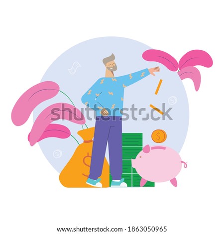 Bank flat composition with human character throwing coins to pig shaped money box vector illustration